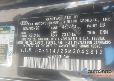 2021 Kia K5 Lxs z USA, uszkodzony, nr VIN 5XXG14J26MG042812